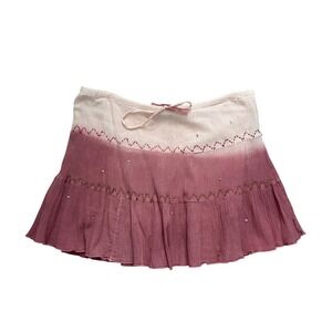 Vtg Pink Ombre Beaded Cotton Gauze Boho Mini Skirt y2k Tiered Ruffle M festival